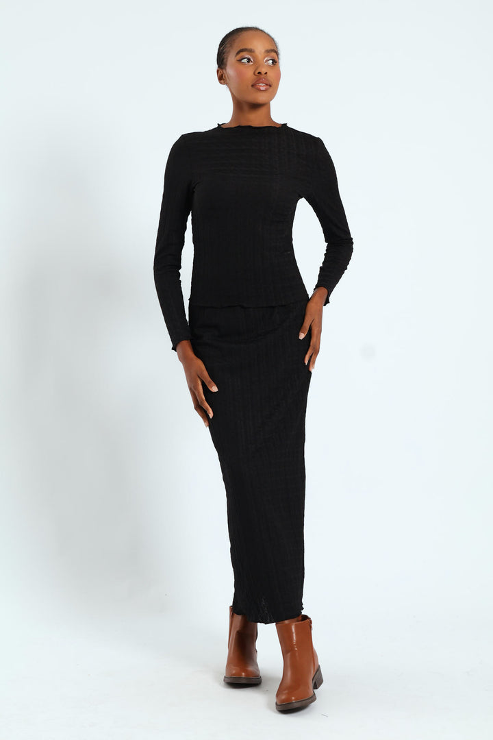 Lettuce Hem Crinkle Knit Top - Black