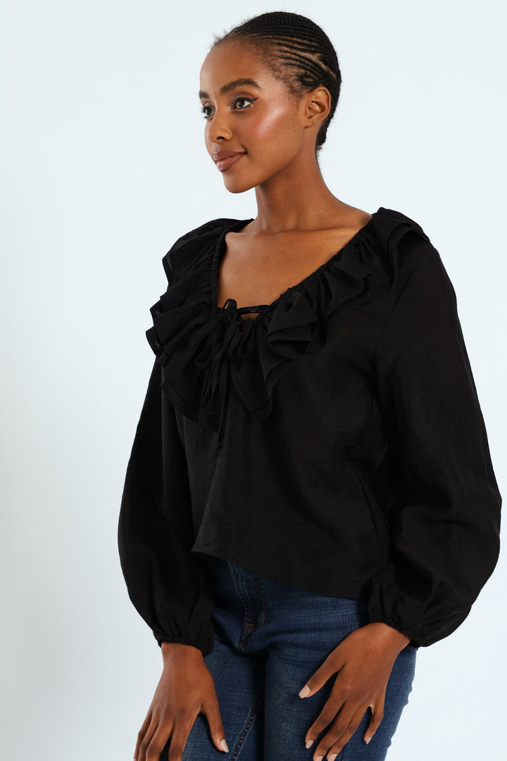 Ruffle Romatic Blouse With Lace Up Ties - Black