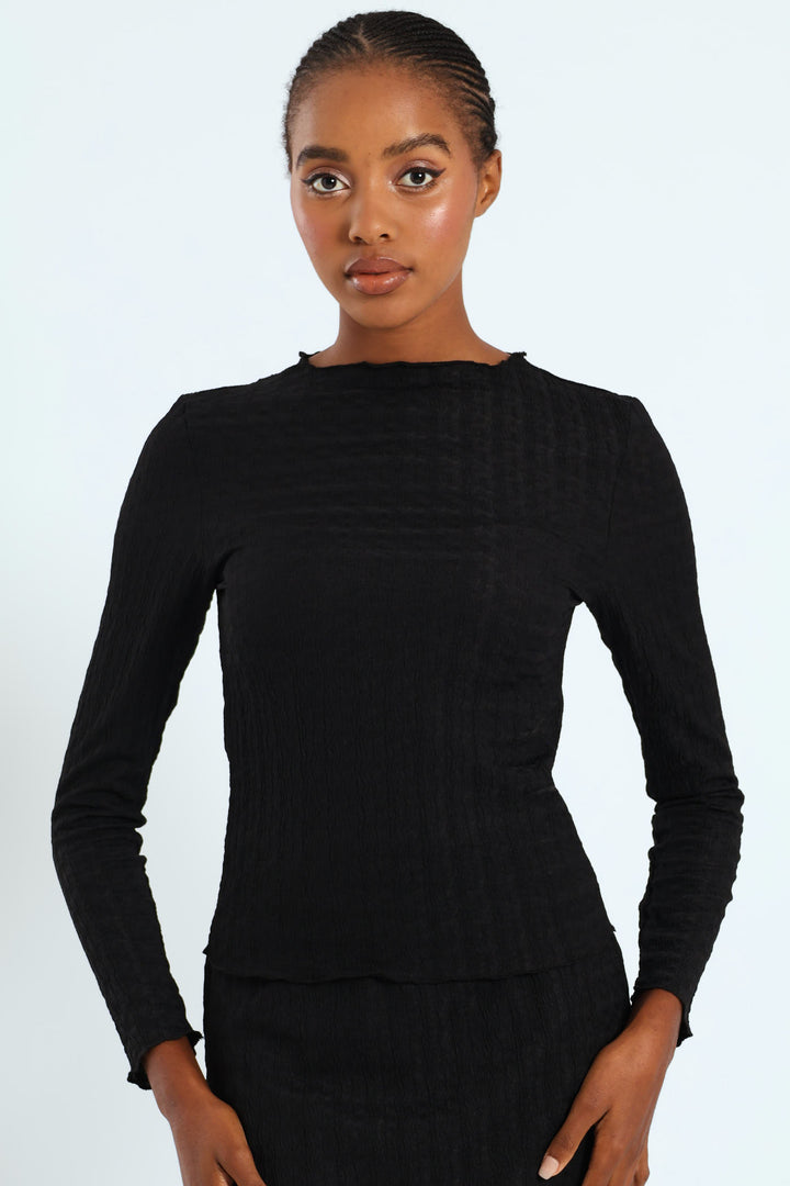 Lettuce Hem Crinkle Knit Top - Black