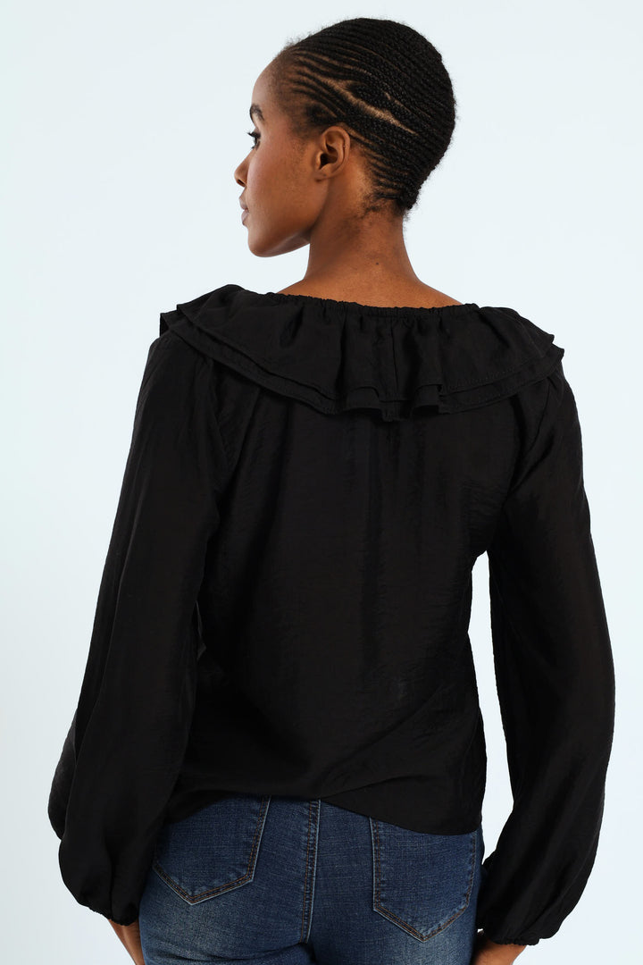Ruffle Romatic Blouse With Lace Up Ties - Black