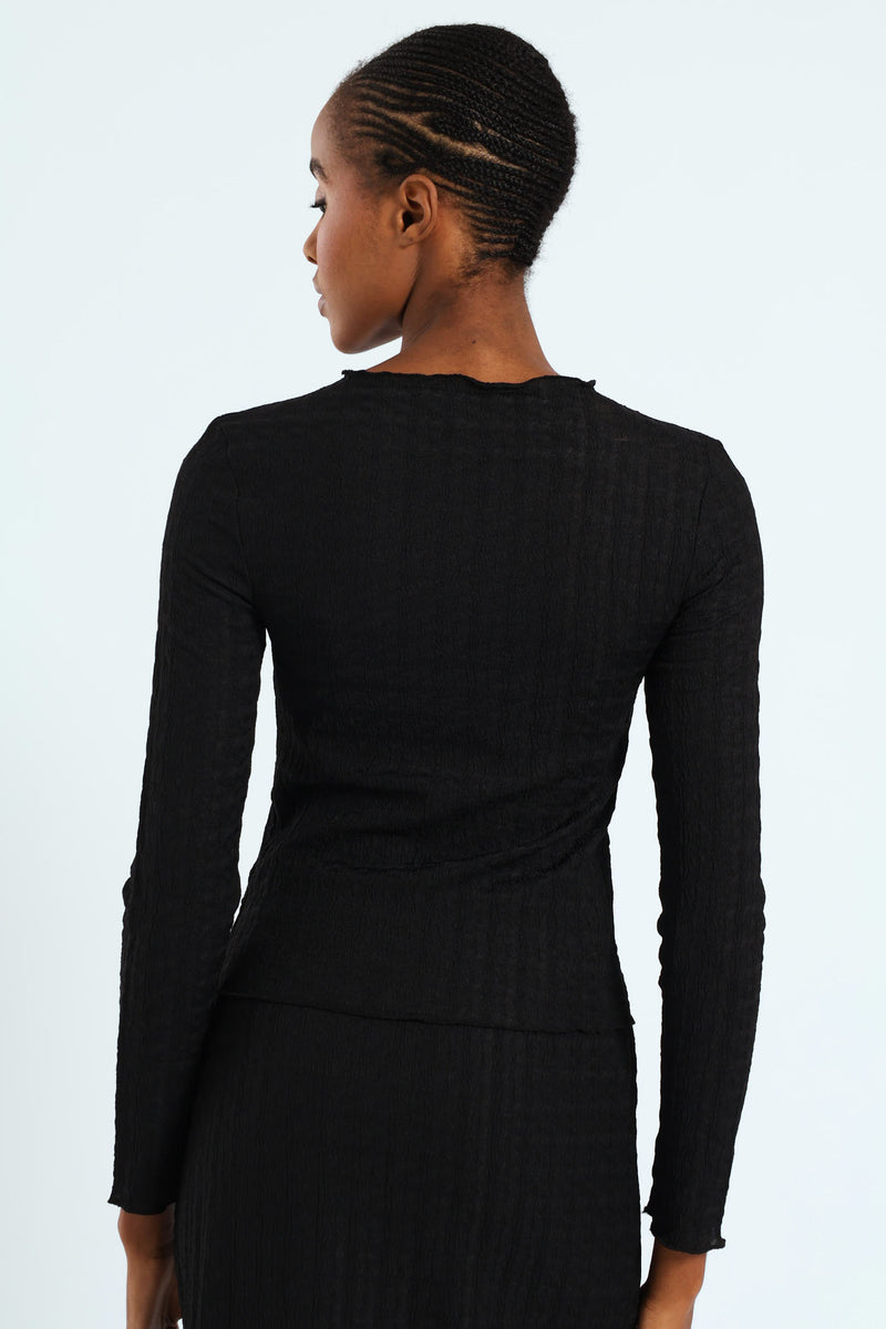 Lettuce Hem Crinkle Knit Top - Black
