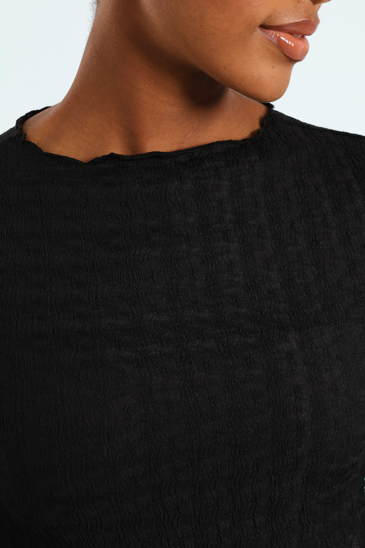 Lettuce Hem Crinkle Knit Top - Black