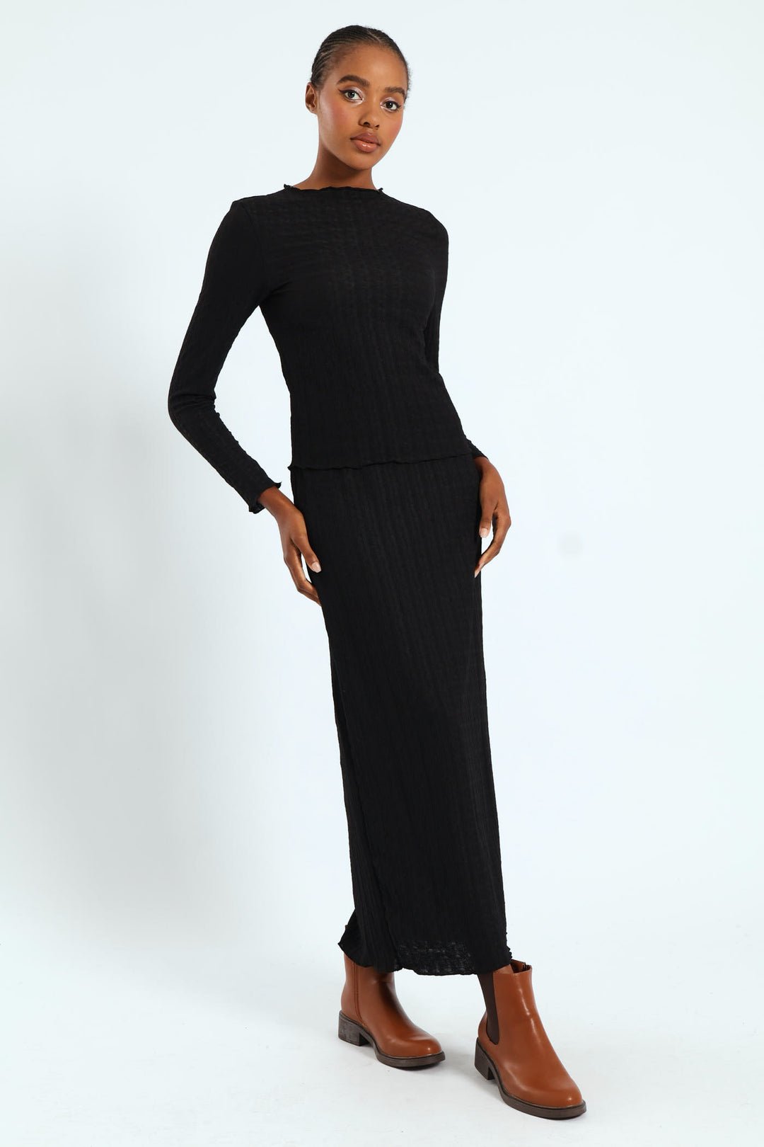 Crinkle Knit Tube Midaxi Skirt - Black
