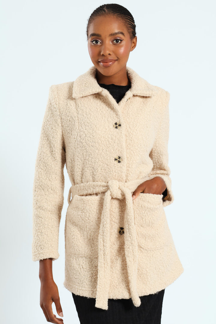 Belted Button Through Boucle Shacket - Stone