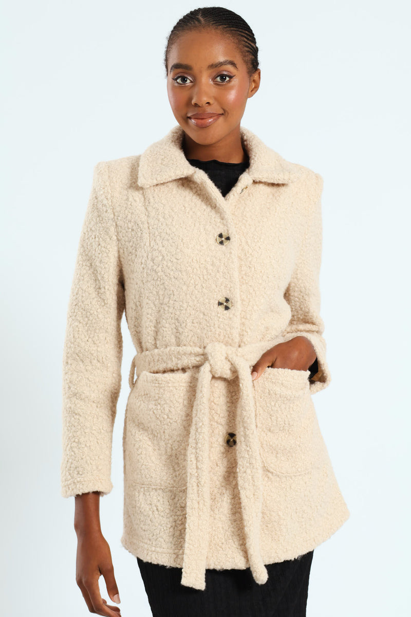 Belted Button Through Boucle Shacket - Stone