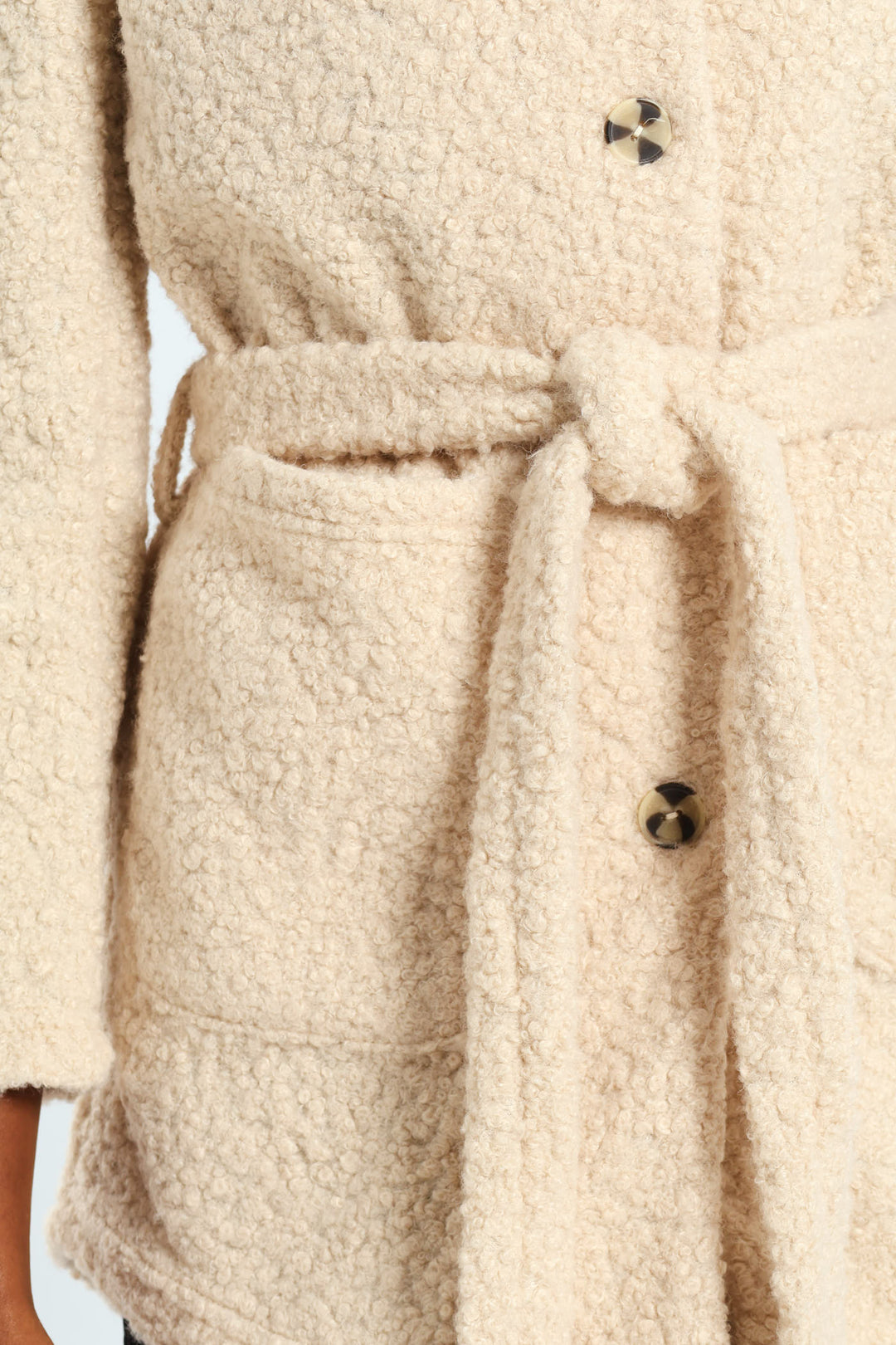 Belted Button Through Boucle Shacket - Stone