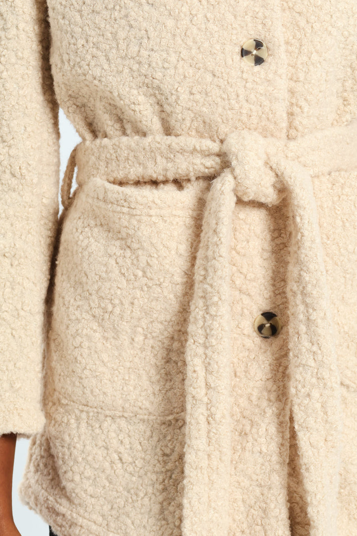 Belted Button Through Boucle Shacket - Stone