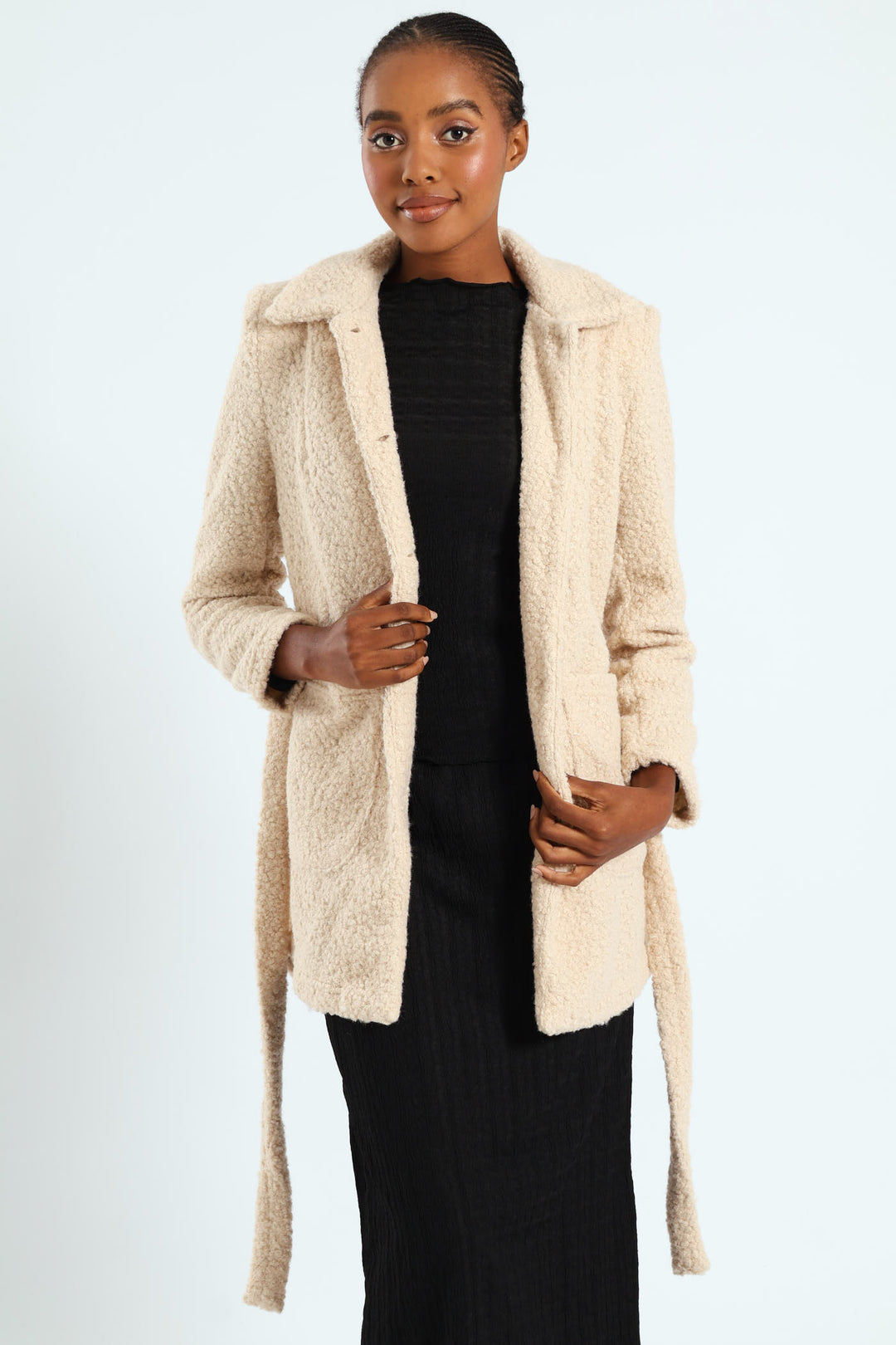 Belted Button Through Boucle Shacket - Stone