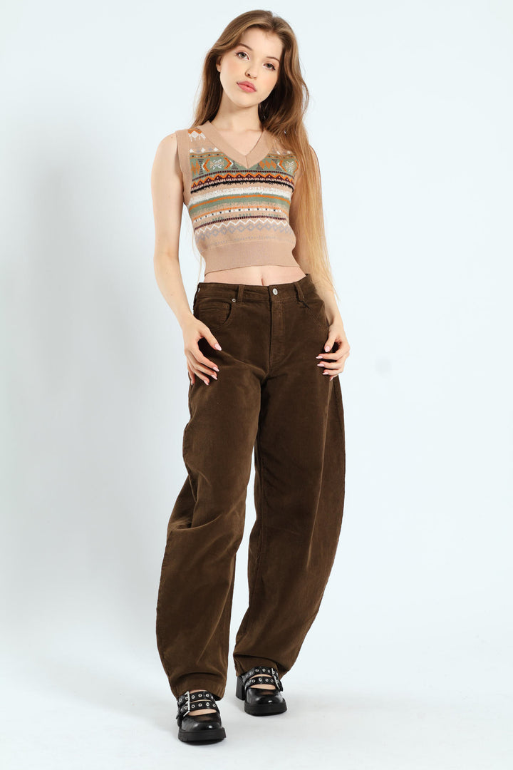 Geo Print Cropped Sweater Vest - Brown