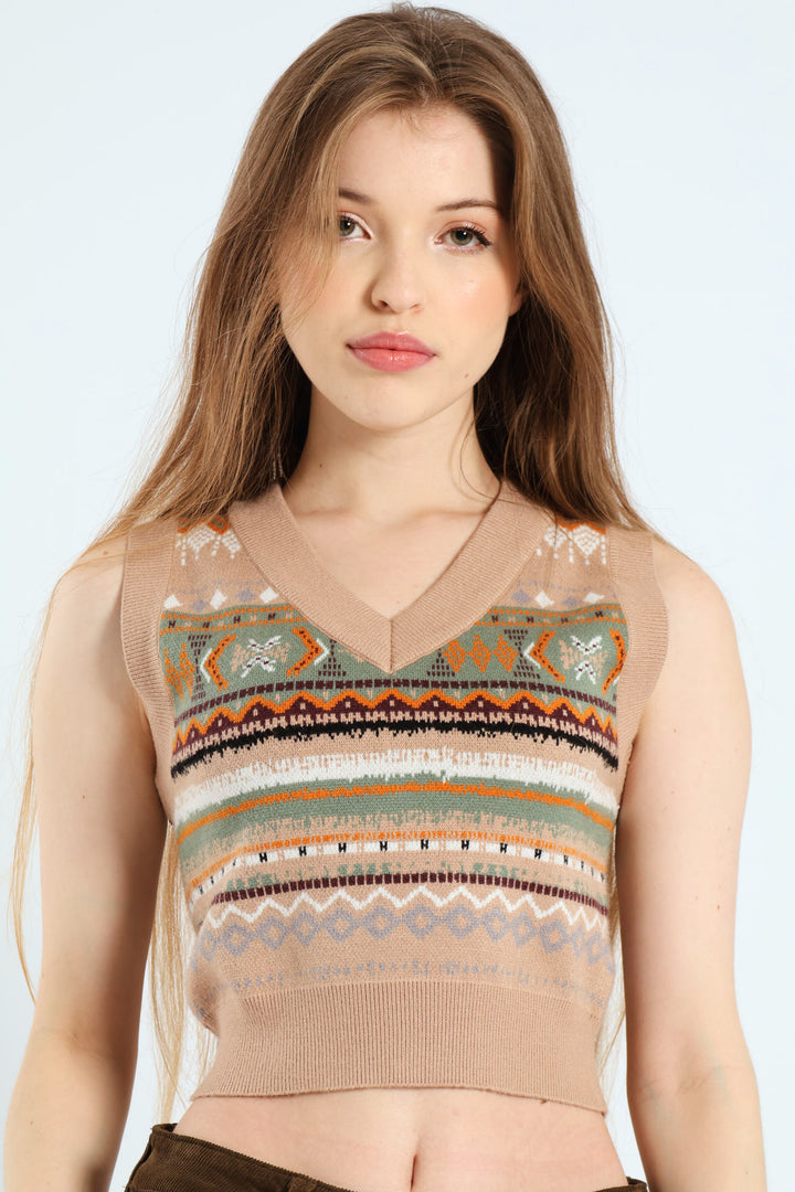 Geo Print Cropped Sweater Vest - Brown