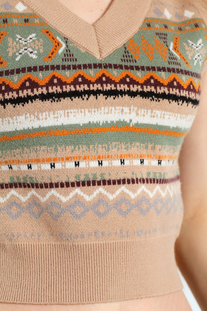 Geo Print Cropped Sweater Vest - Brown