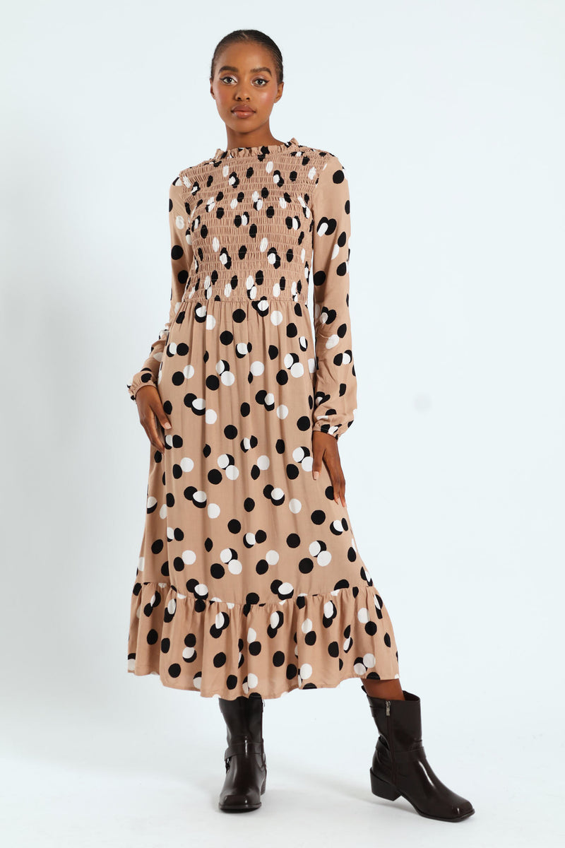 Shirred Bodice Frill Midi Dress - Beige/Black