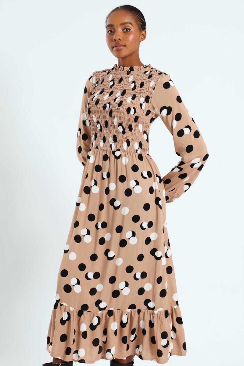 Shirred Bodice Frill Midi Dress - Beige/Black