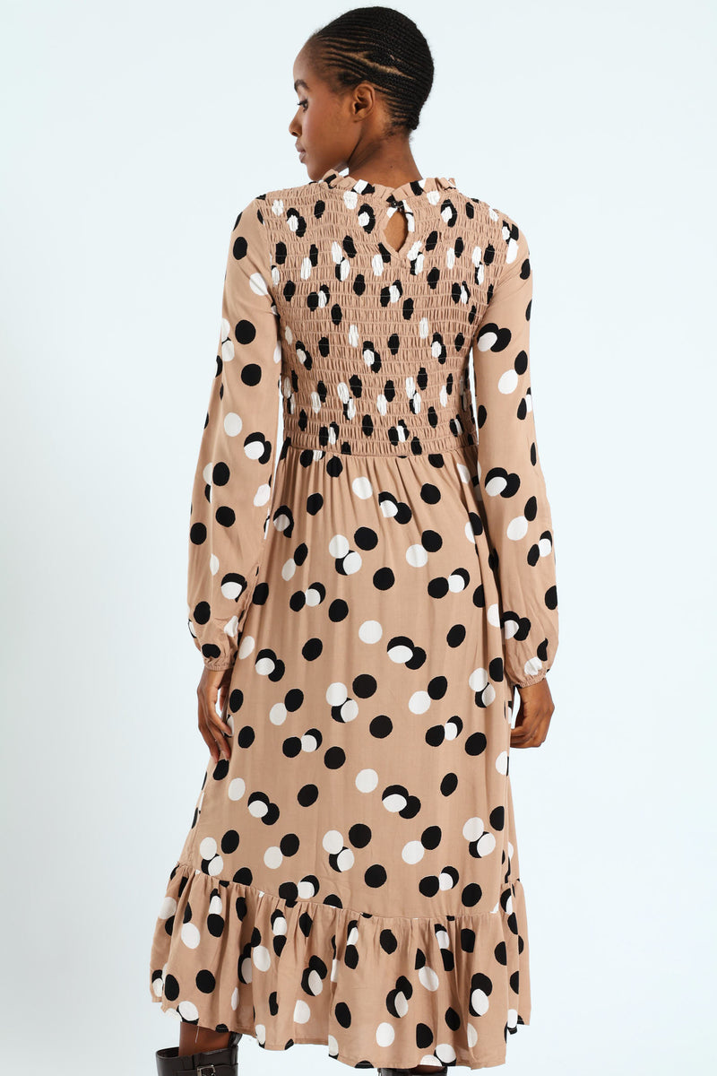 Shirred Bodice Frill Midi Dress - Beige/Black