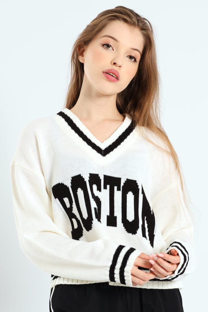 Long Sleeve Cropped Sweater - White/Black