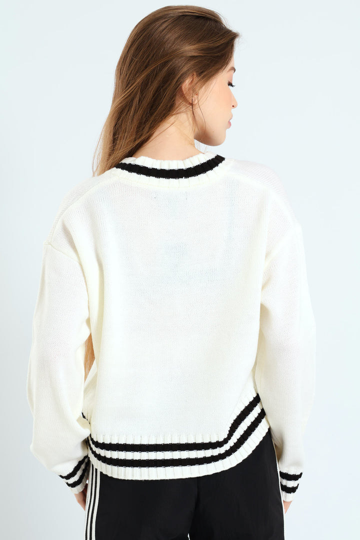 Long Sleeve Cropped Sweater - White/Black