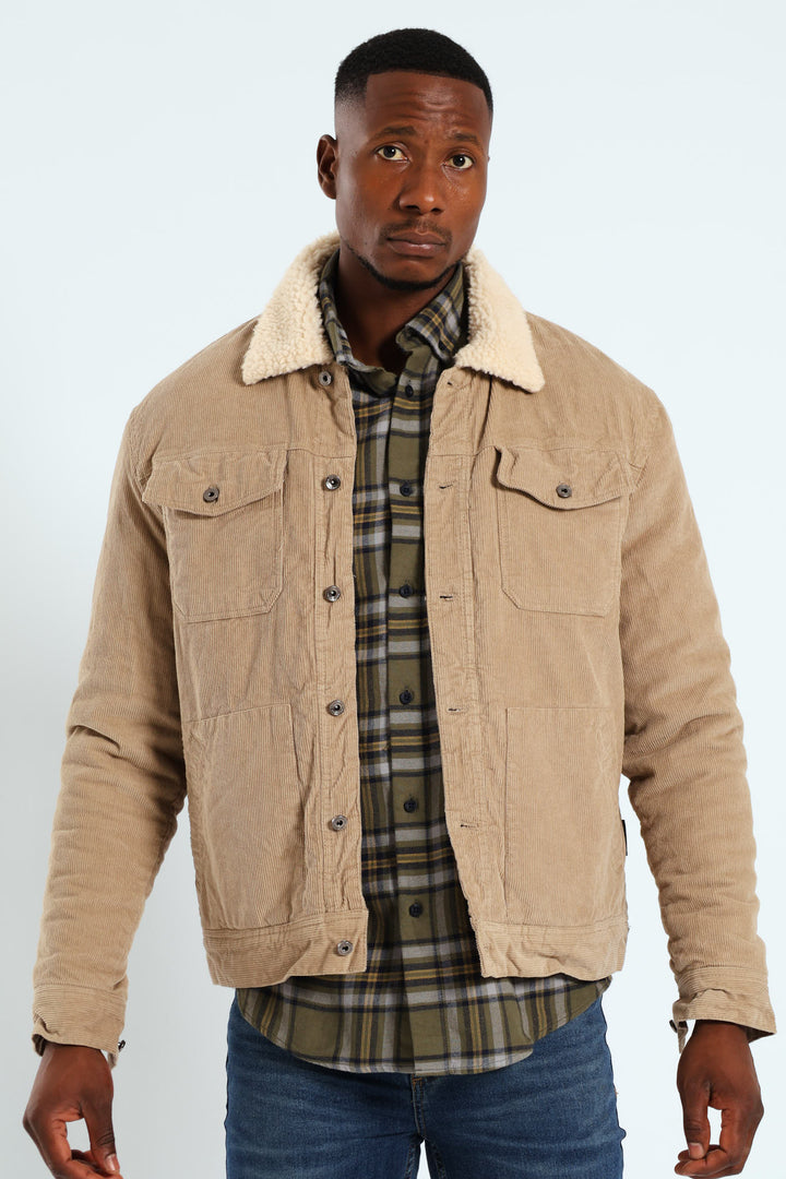 Corduroy Sherpa Trucker Jacket - Taupe