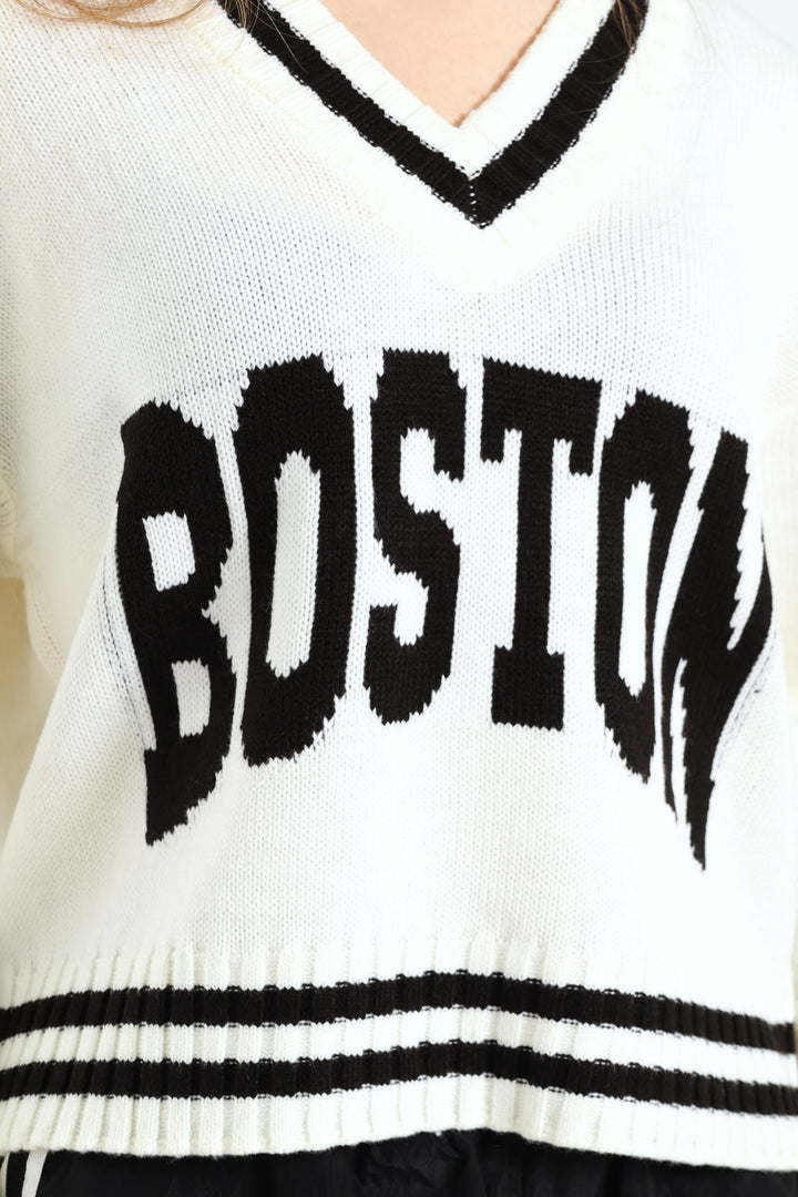 Long Sleeve Cropped Sweater - White/Black