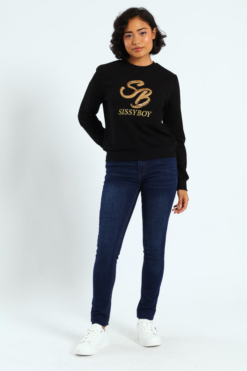 Sequin Embroidered Logo Sweat Top - Black