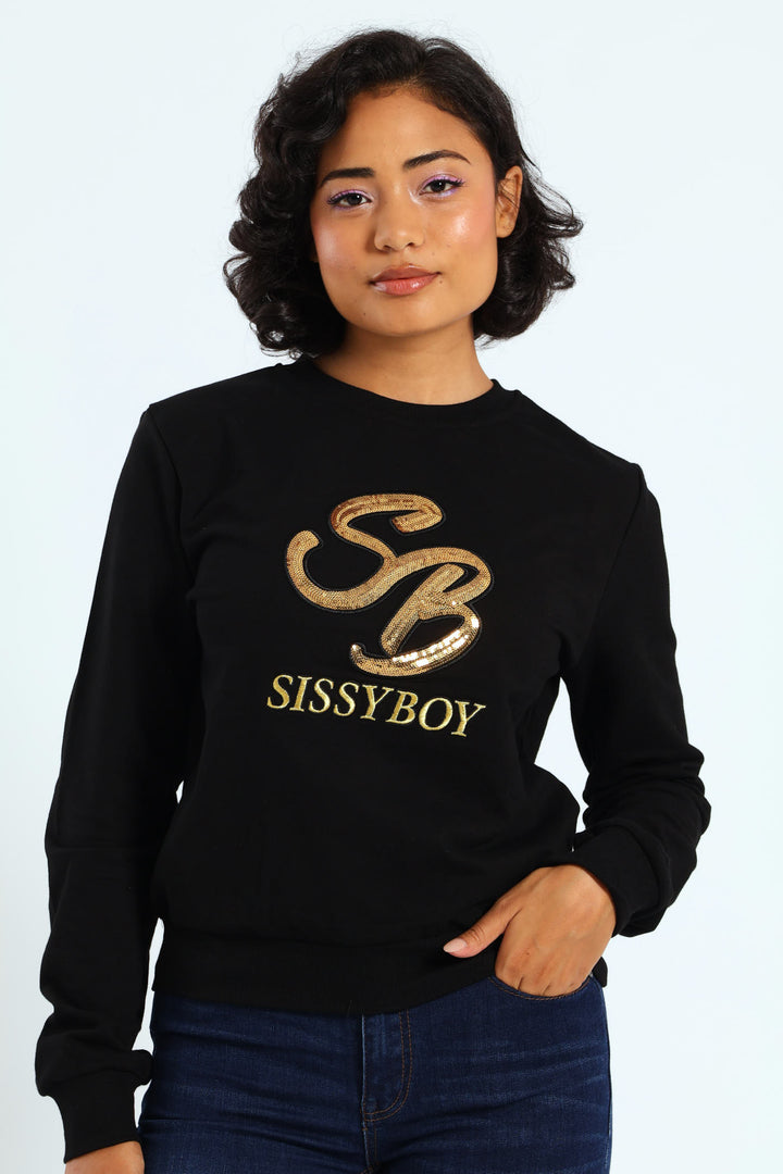 Sequin Embroidered Logo Sweat Top - Black