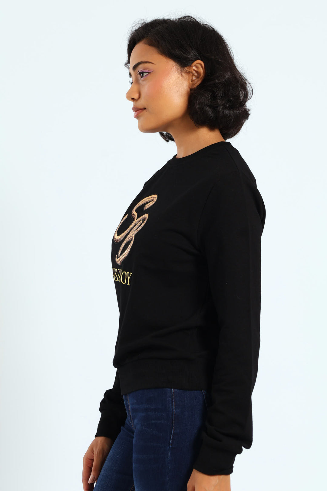 Sequin Embroidered Logo Sweat Top - Black