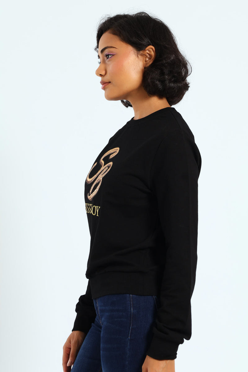 Sequin Embroidered Logo Sweat Top - Black