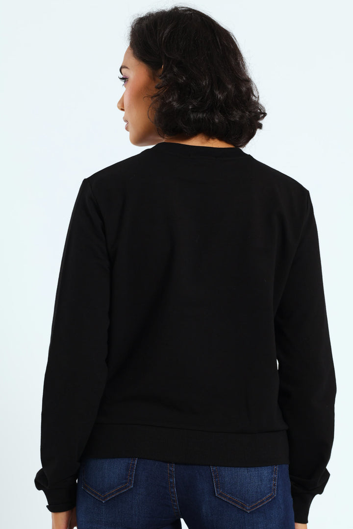 Sequin Embroidered Logo Sweat Top - Black