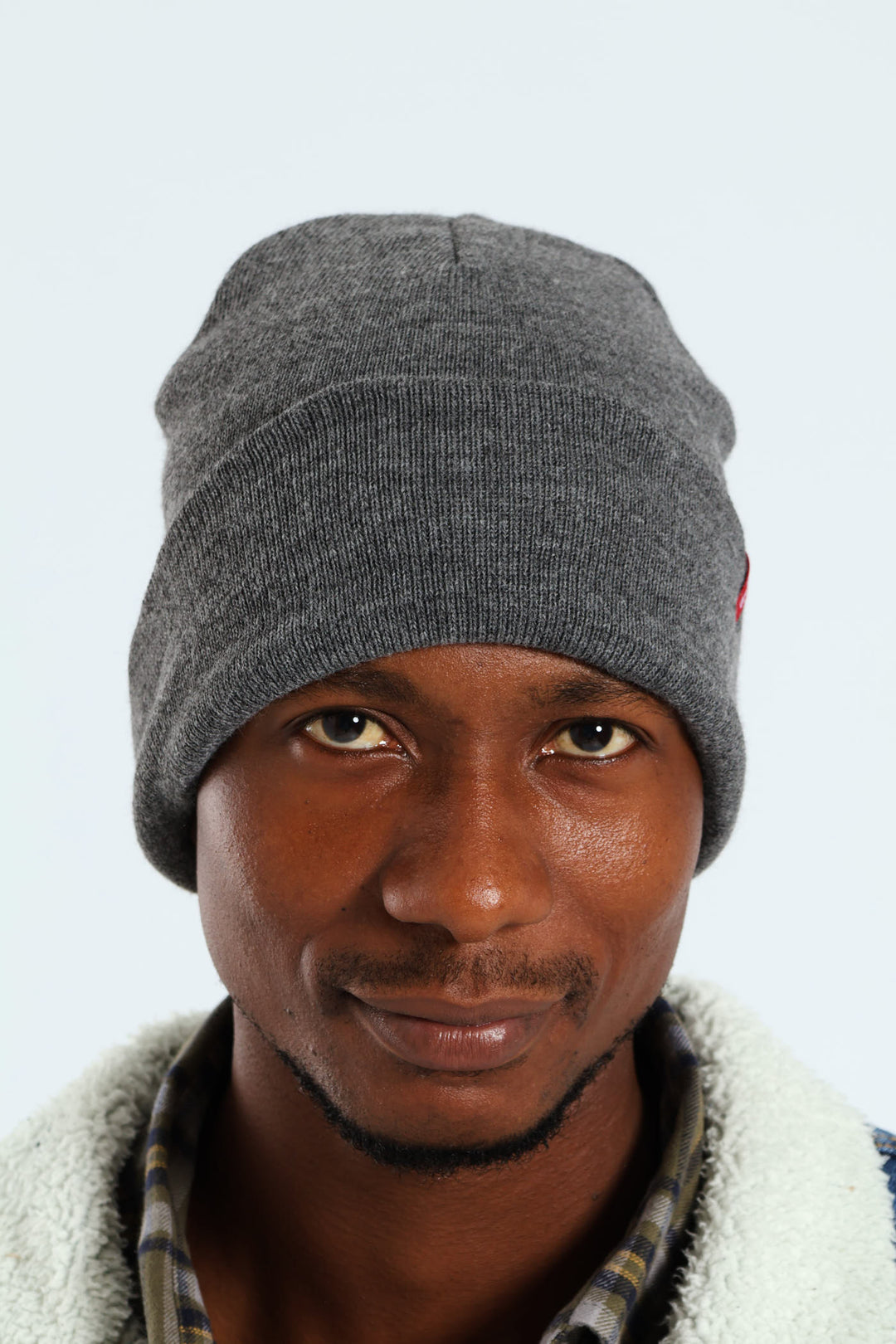 Slouchy Red Tab Beanie - Grey Melange