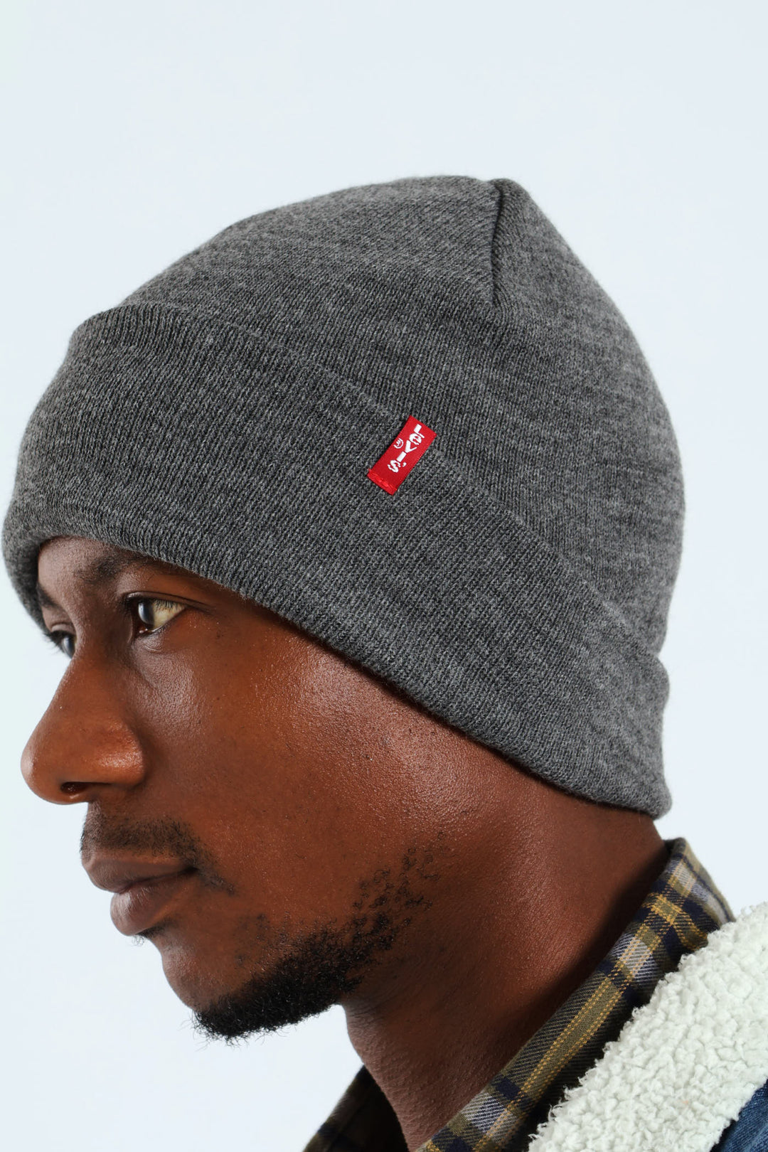Slouchy Red Tab Beanie - Grey Melange