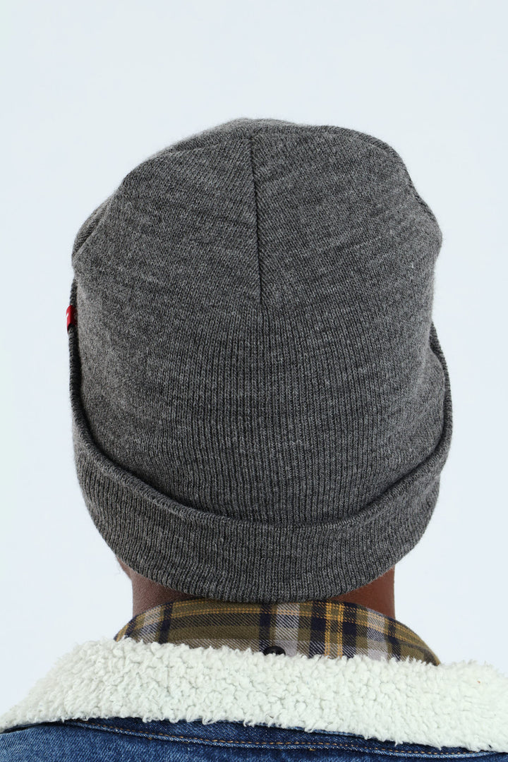 Slouchy Red Tab Beanie - Grey Melange