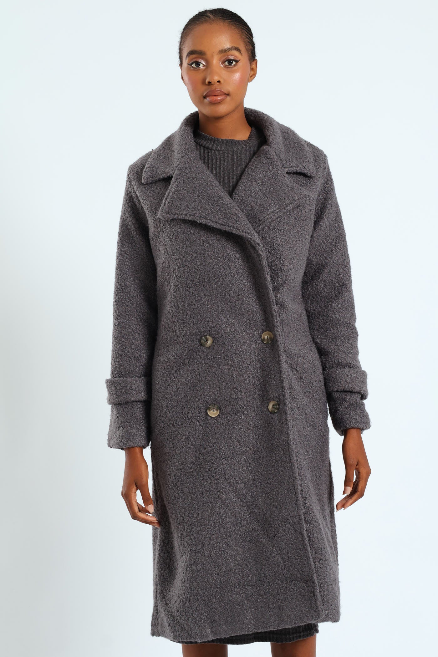 Ladies Long Length Boucle Coat With Lining - Grey – Edgars