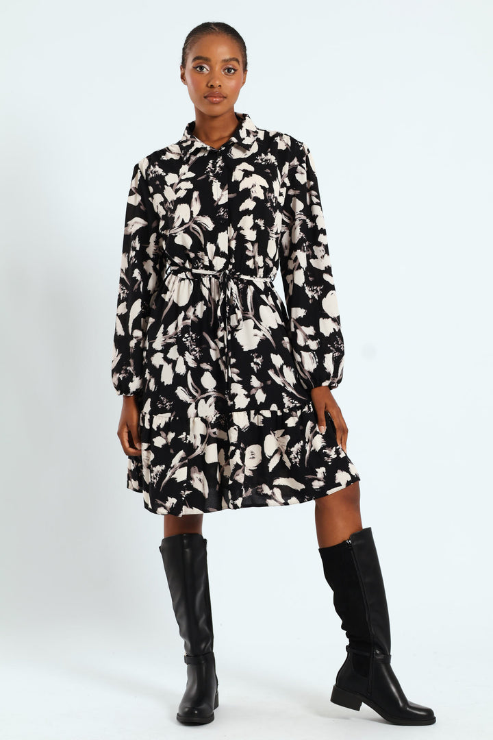 Button Through Monochrome Tiered Tea Dress