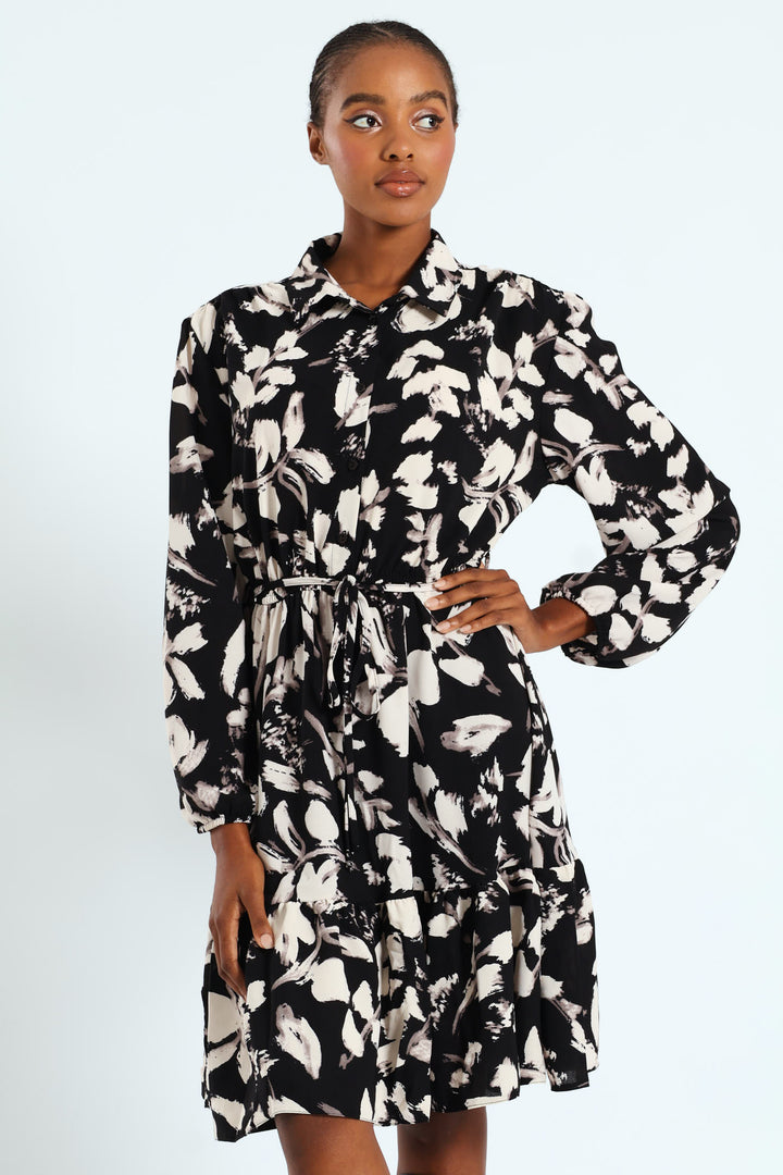 Button Through Monochrome Tiered Tea Dress