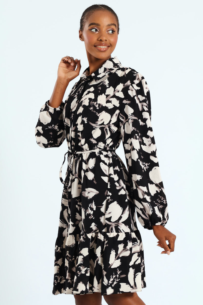 Button Through Monochrome Tiered Tea Dress