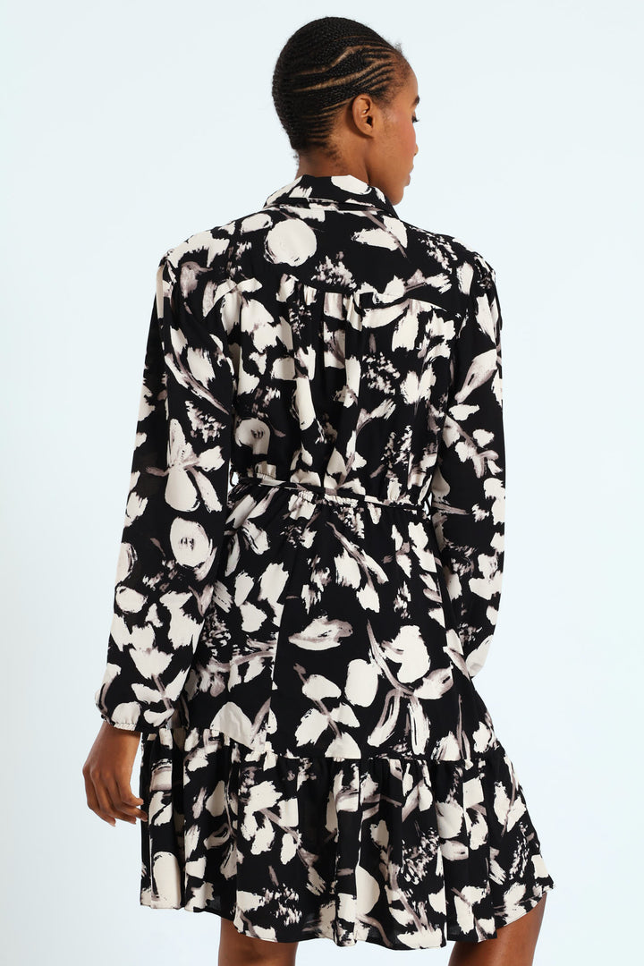 Button Through Monochrome Tiered Tea Dress