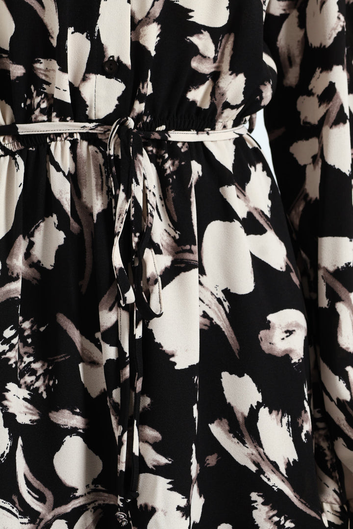 Button Through Monochrome Tiered Tea Dress