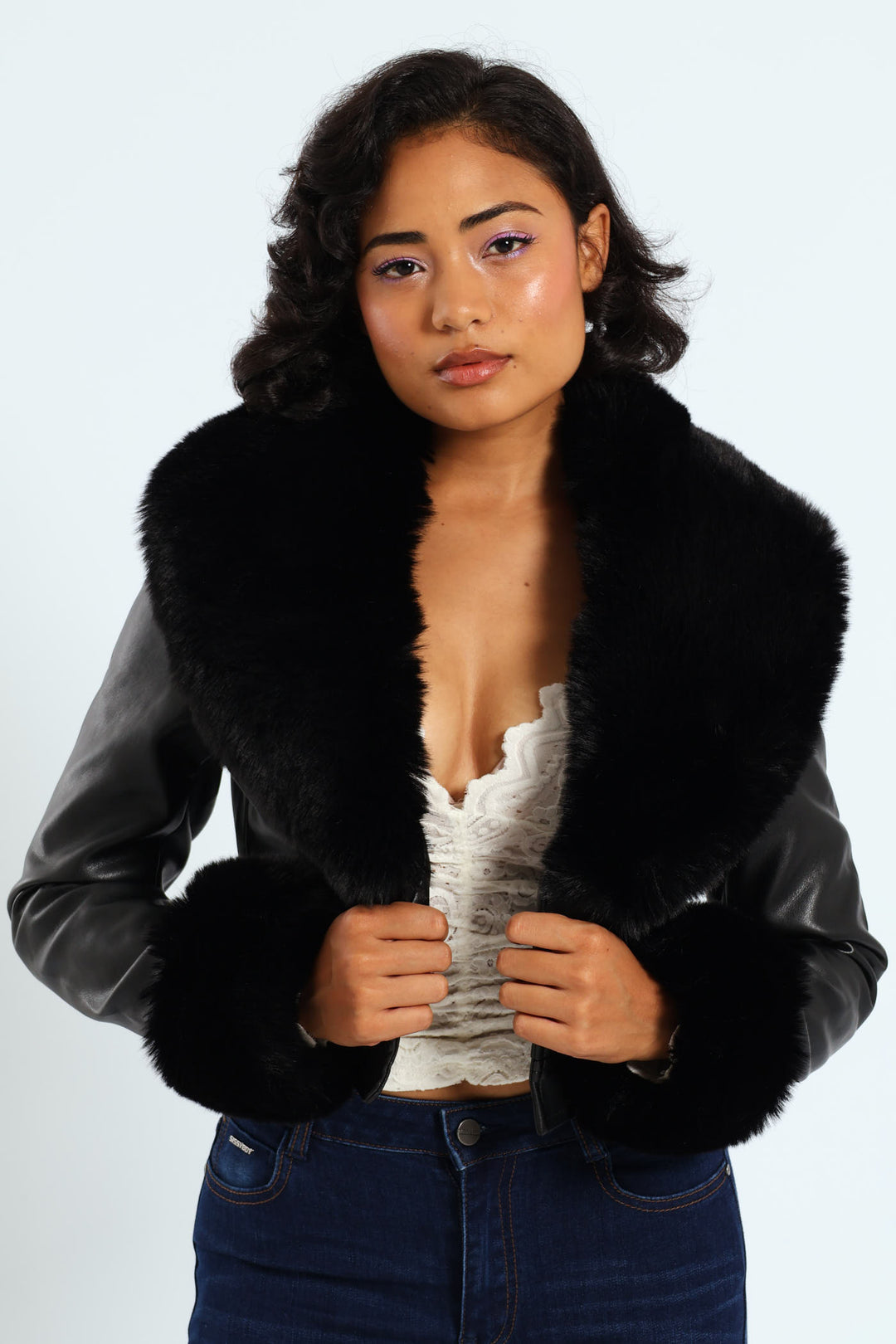 Vikki Faux Leather With Faux Fur Collar Jacket - Black