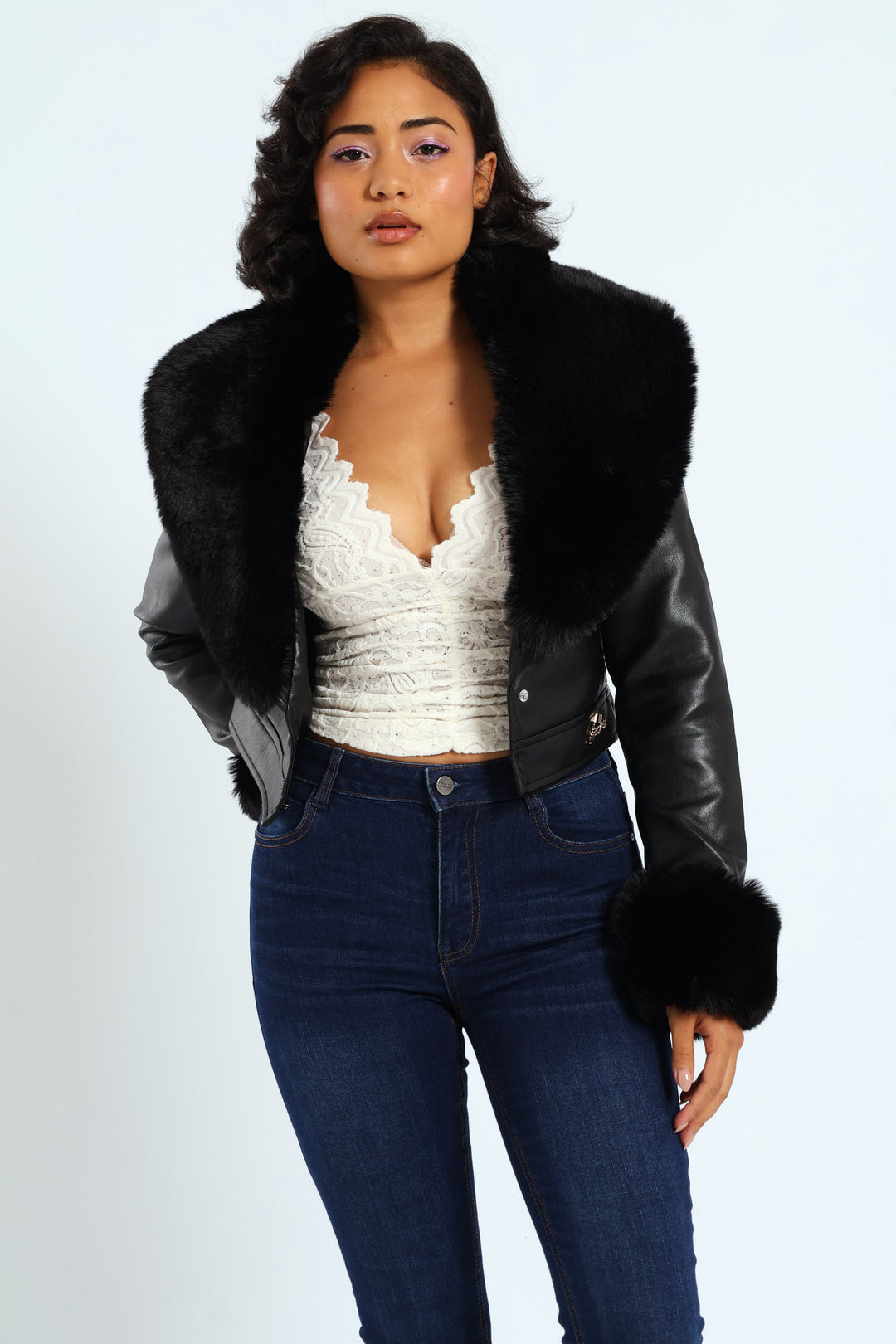 Vikki Faux Leather With Faux Fur Collar Jacket - Black