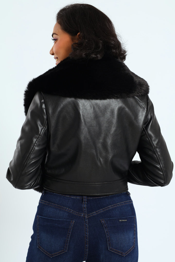 Vikki Faux Leather With Faux Fur Collar Jacket - Black