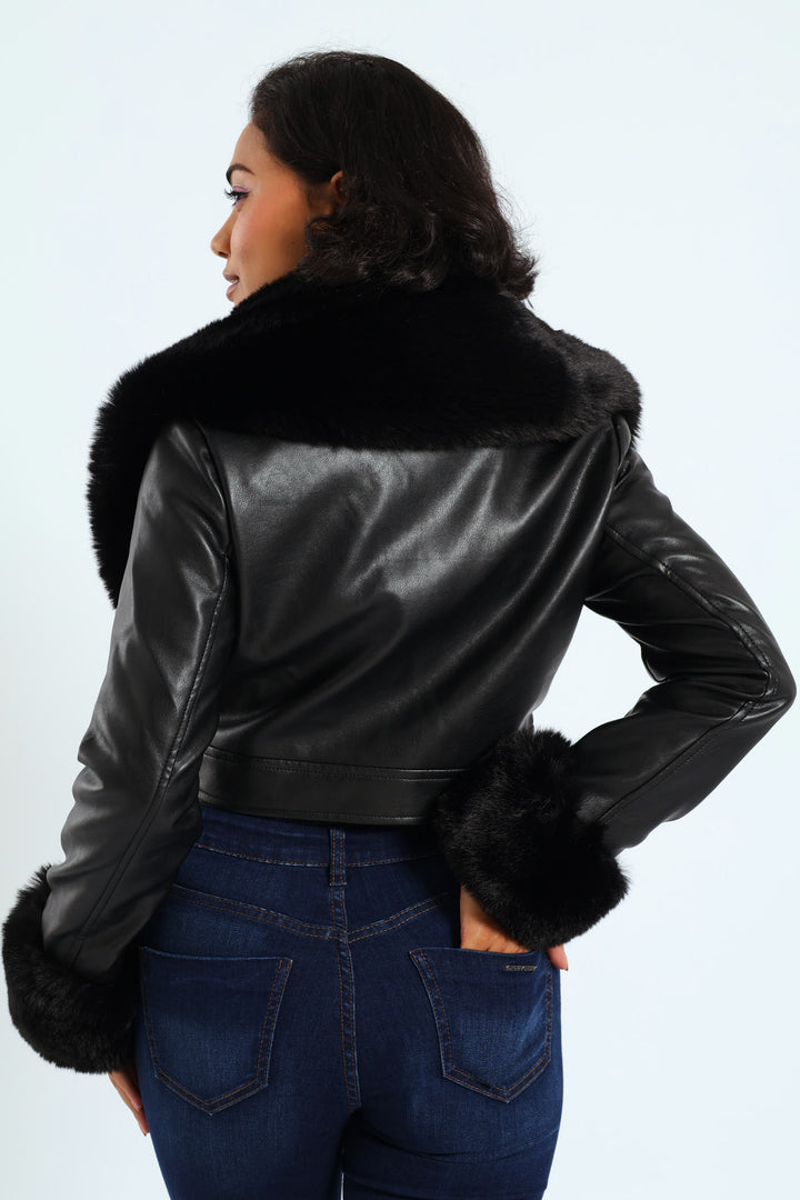 Vikki Faux Leather With Faux Fur Collar Jacket - Black