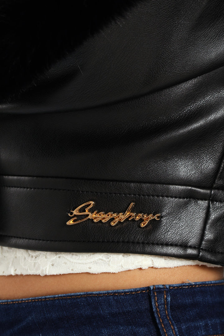 Vikki Faux Leather With Faux Fur Collar Jacket - Black