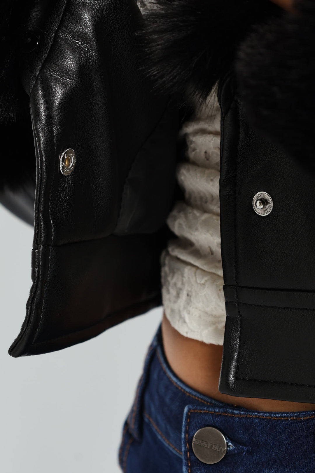 Vikki Faux Leather With Faux Fur Collar Jacket - Black