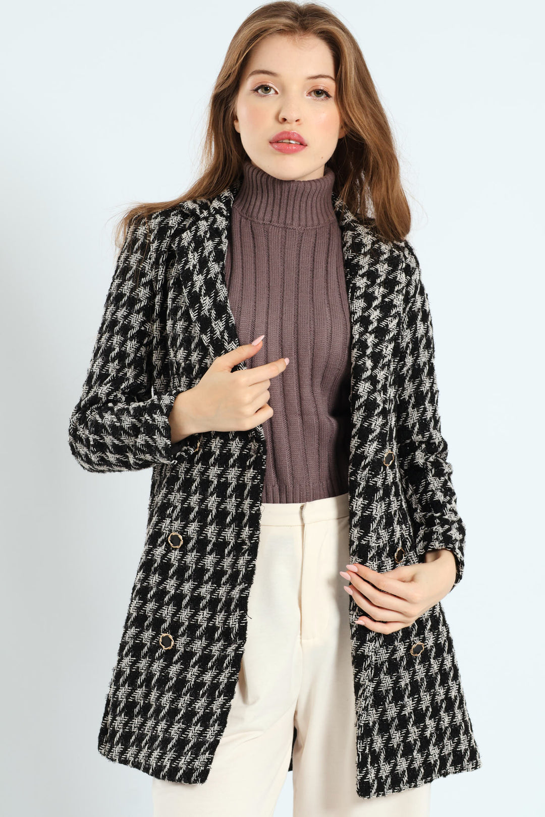 Tweed Houndstooth Print Mini Dress - Black/White