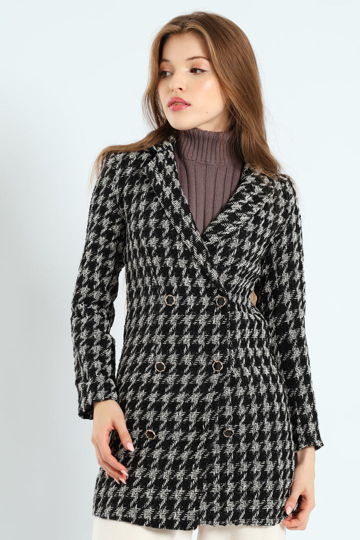 Tweed Houndstooth Print Mini Dress - Black/White