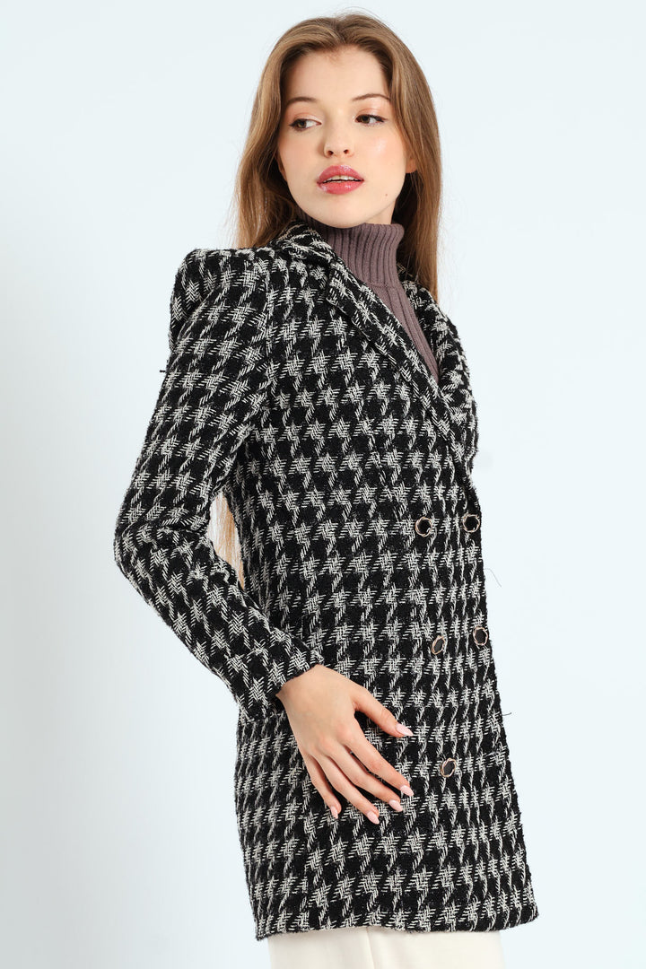 Tweed Houndstooth Print Mini Dress - Black/White
