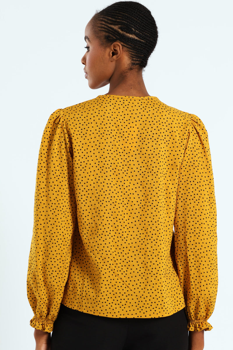 V-Neck Puff Sleeve Blouse - Mustard