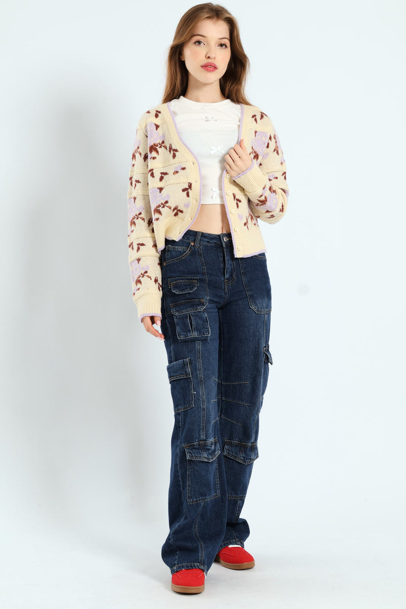 Floral Print Cardigan Sweater - Cream