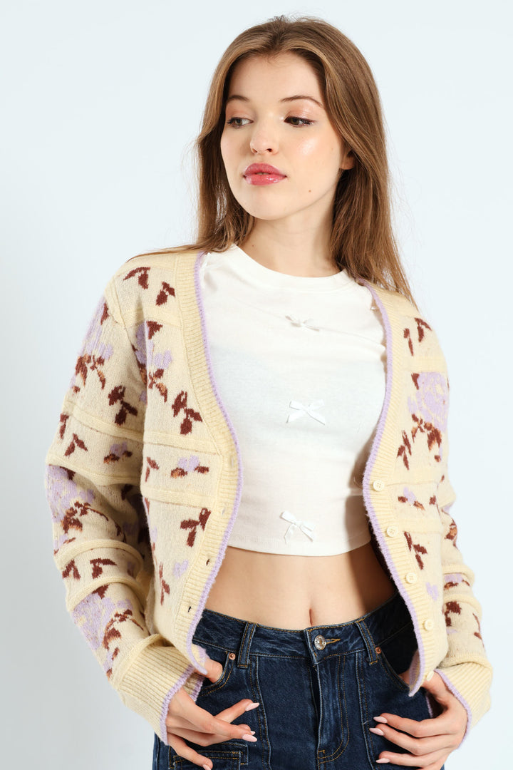Floral Print Cardigan Sweater - Cream