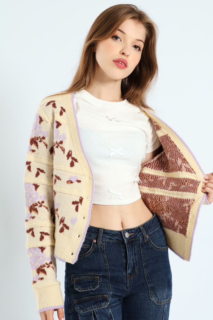 Floral Print Cardigan Sweater - Cream