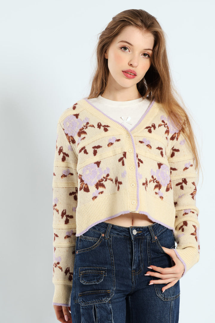 Floral Print Cardigan Sweater - Cream